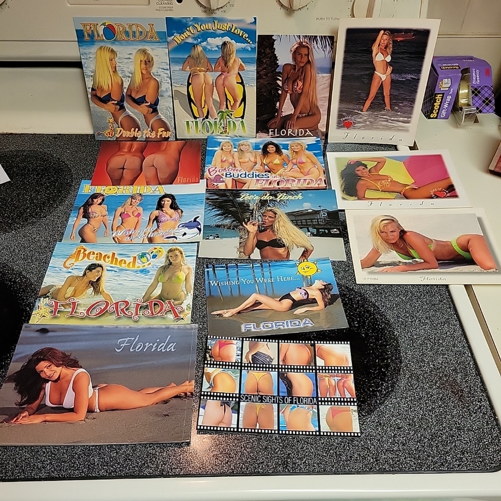 14 bikini girls in Florida Beach settings . Unposted postcards.